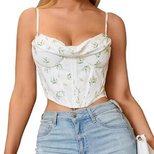 Ivory Floral Print Cowl Neck Corset Top